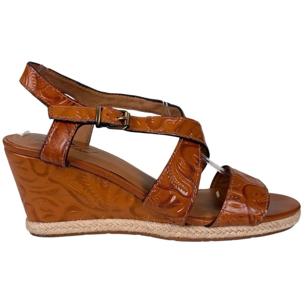 Patricia Nash Rafa Tooled Leather Espadrille Wedge Sandals Whiskey Size 10